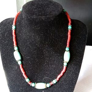 Necklace, Turquoise, Glass Coral colored beads,Sterling Toggle 17"